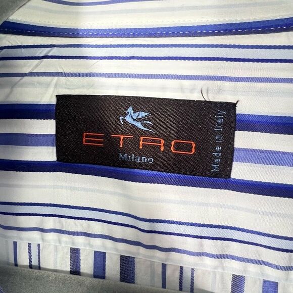 ETRO Men’s Button Down Shirt Stripe Collar in White & Blue Long Sleeve Size 39IT - Picture 3 of 13